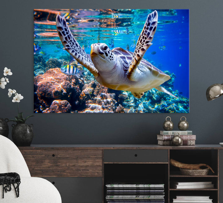 The Underwater Sea Turtle Wall Art Canvas Print serves as vibrant ocean décor, enhancing the kitchen with its stunning depiction.