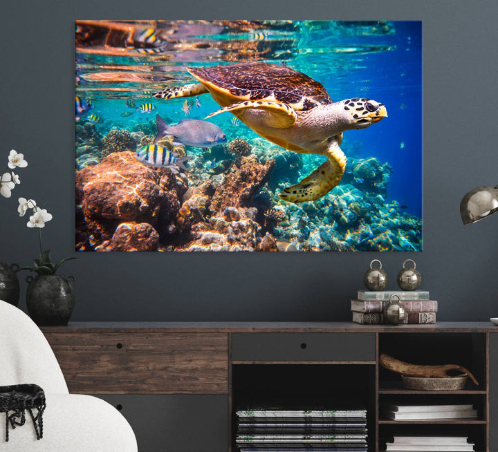 A Sea Turtle Wall Art Canvas Print features a colorful turtle swimming among coral. This artwork is ready to hang.