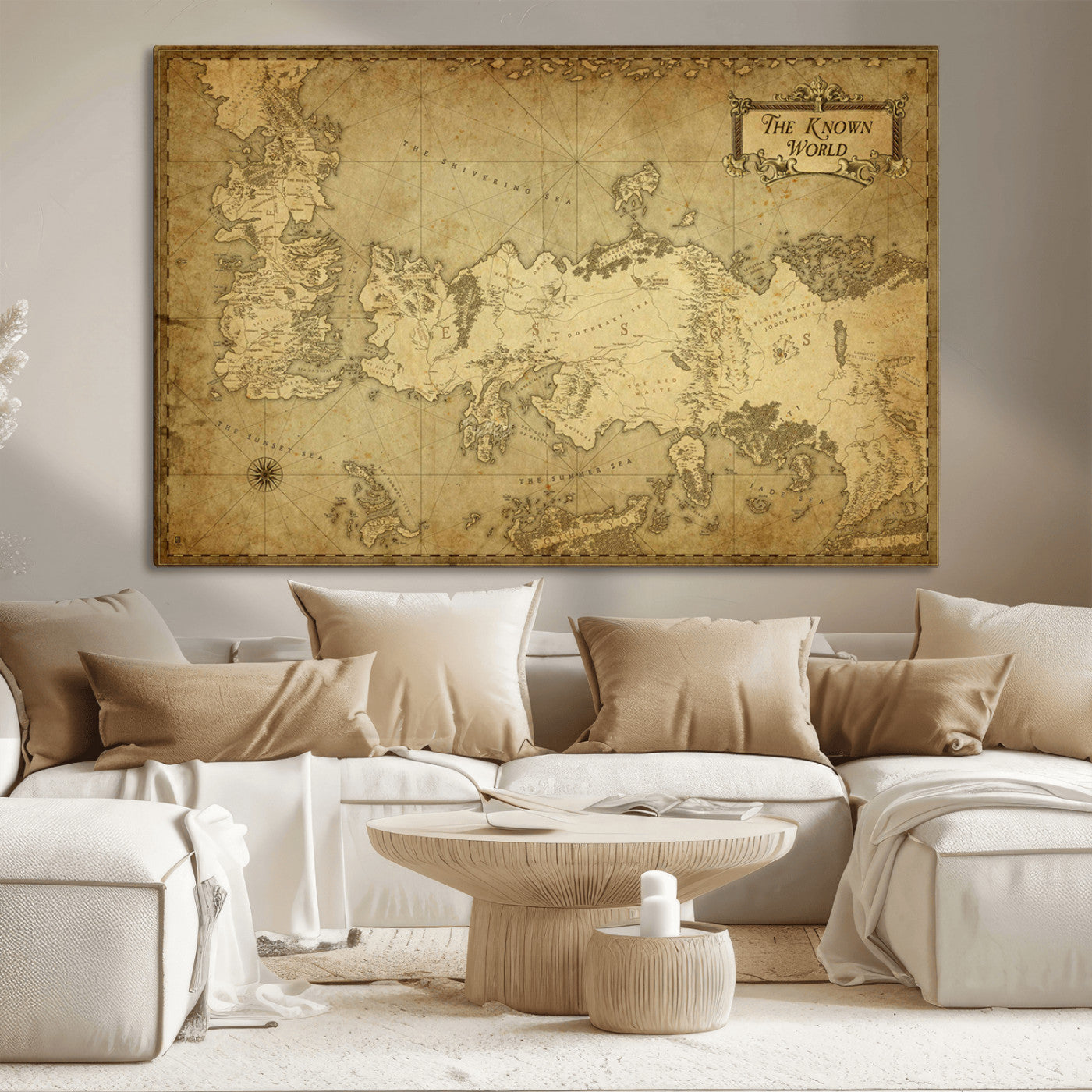MGV-CV-36X24 - Vintage Game of Thrones Map Wall Art | Westeros and Essos Antique Style Print | The Known World in Triptych Canvas | Giclee Canvas for Fantasy Lovers