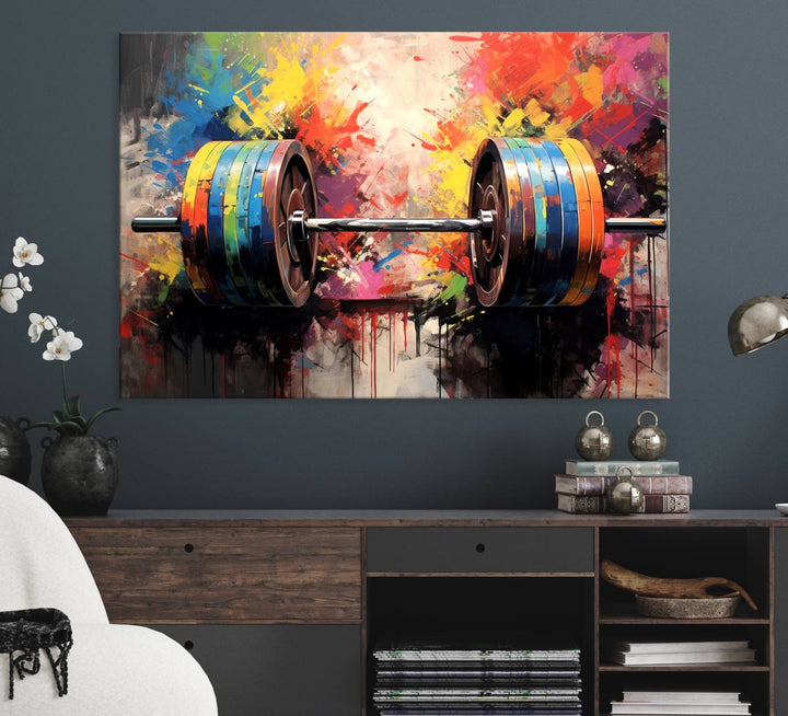 The Weightlifting Barbell Art Triptych hangs prominently on the wall.