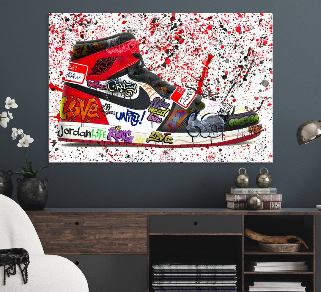 A Jordan Shoes Graffiti Canvas Print hangs prominently, perfect for sneakerheads and urban art lovers.