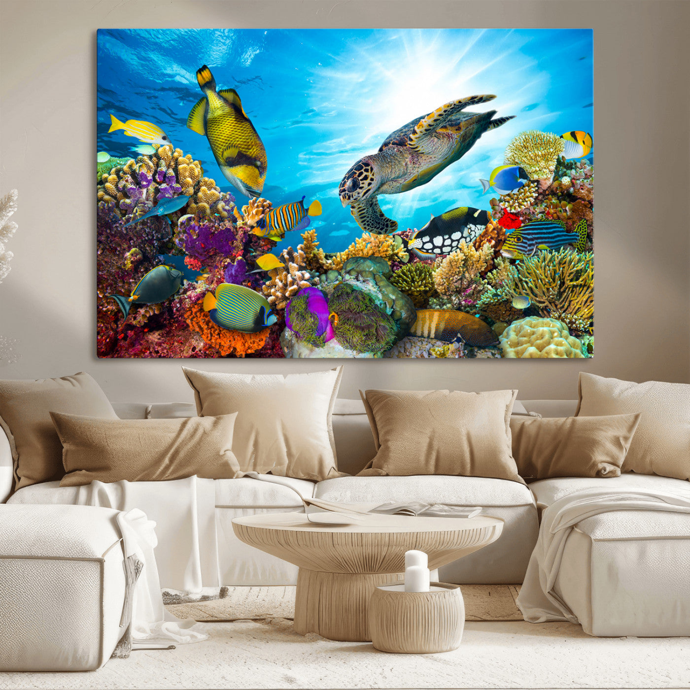 -Colorful Coral Reef and Sea Life Turtle Canvas Print, Underwater Tropical Ocean Wall Art for Home