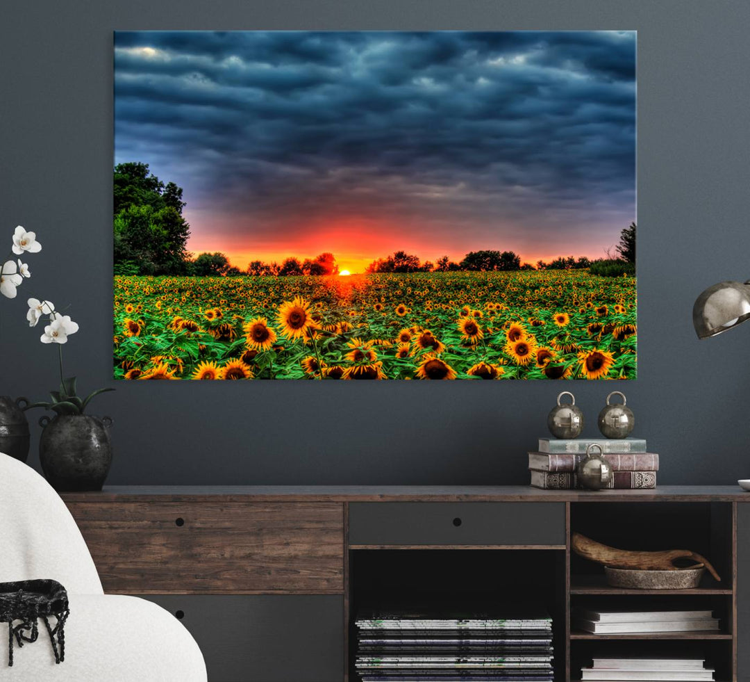 A Golden Sunflower Field at Sunset ready-to-hang wall art canvas print.