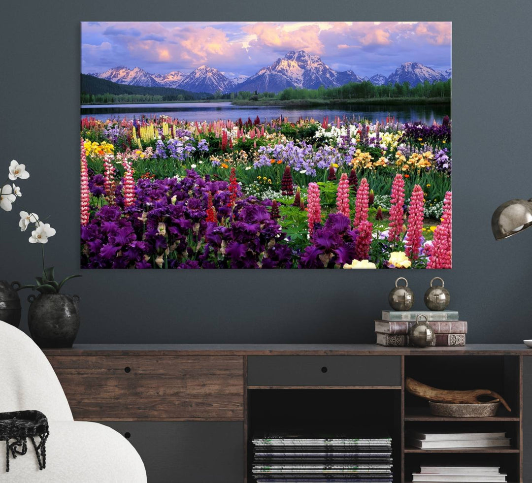 A Vibrant Wildflower Garden and Mountain View Giclee Print is displayed prominently on the wall.