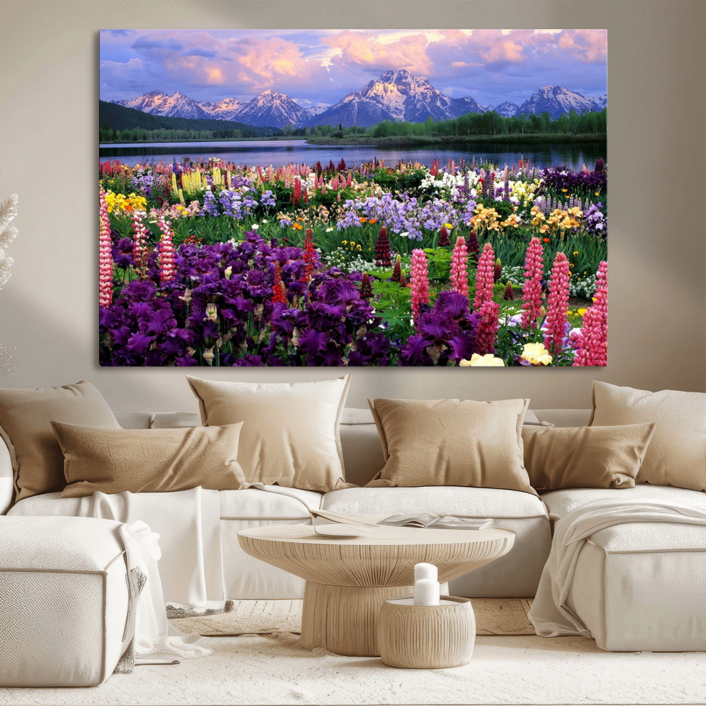 MGV-CV-36X24 - Vibrant Wildflower Garden and Mountain View Giclee Canvas Print | Floral Wall Art for Living Room