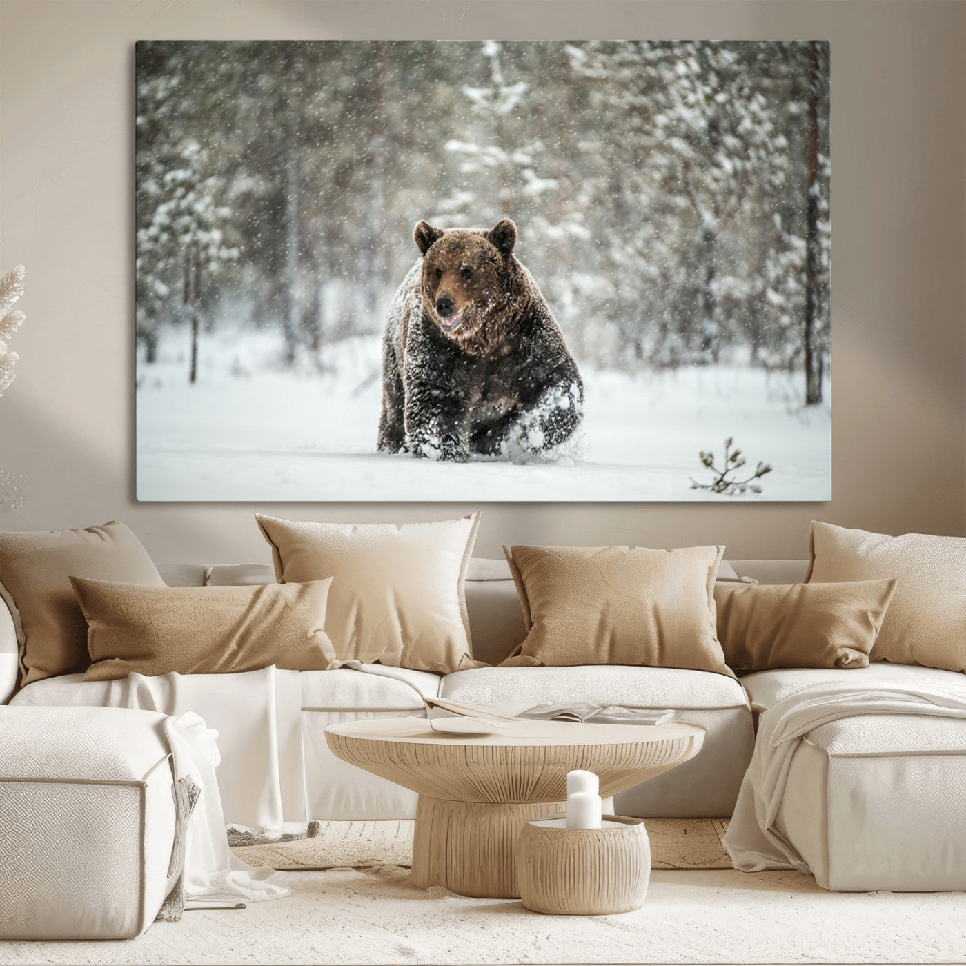MGV-CV-36X24 - Wall Art Canvas Print – Grizzly Bear in Snowy Forest Powerful Presence Snowy Wilderness Wild Beauty