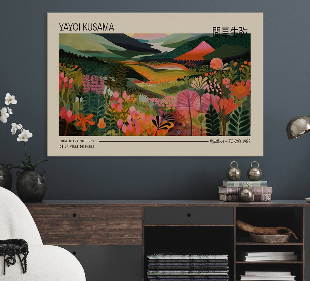 A Yayoi Kusama Landscape Canvas Print brightens the wall with vibrant floral and mountain art.