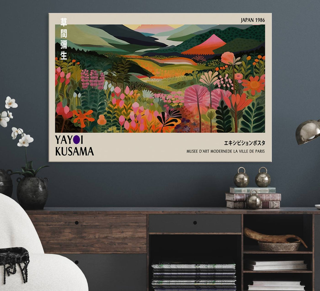 Yayoi Kusamas Landscape Canvas Print with vibrant floral mountain art adorns the wall.