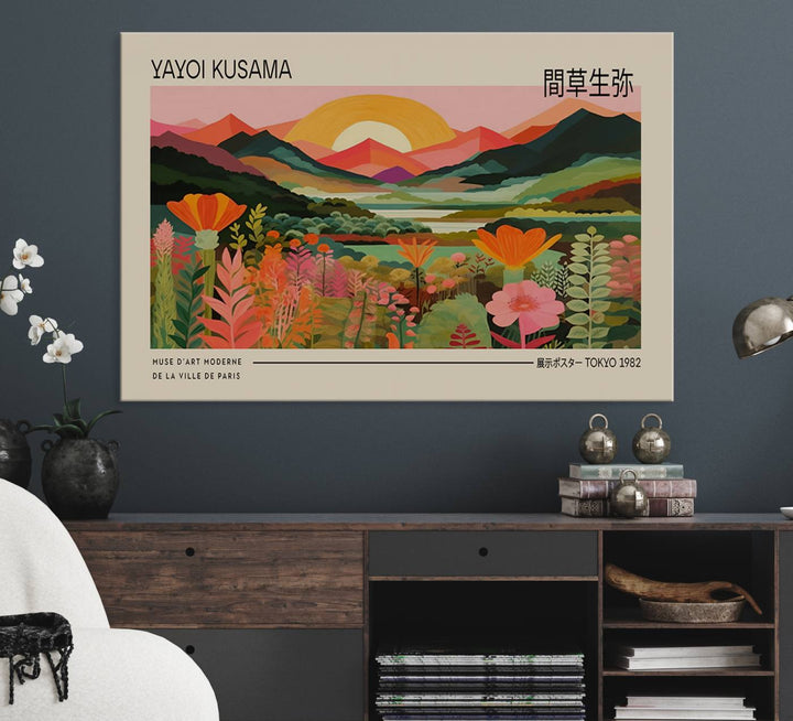 A Yayoi Kusama landscape print and an antique world map enhance the dining area.