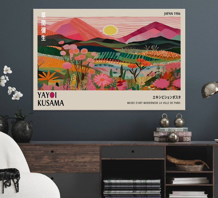 Yayoi Kusama Landscape Canvas Print, featuring a vibrant floral mountain design.