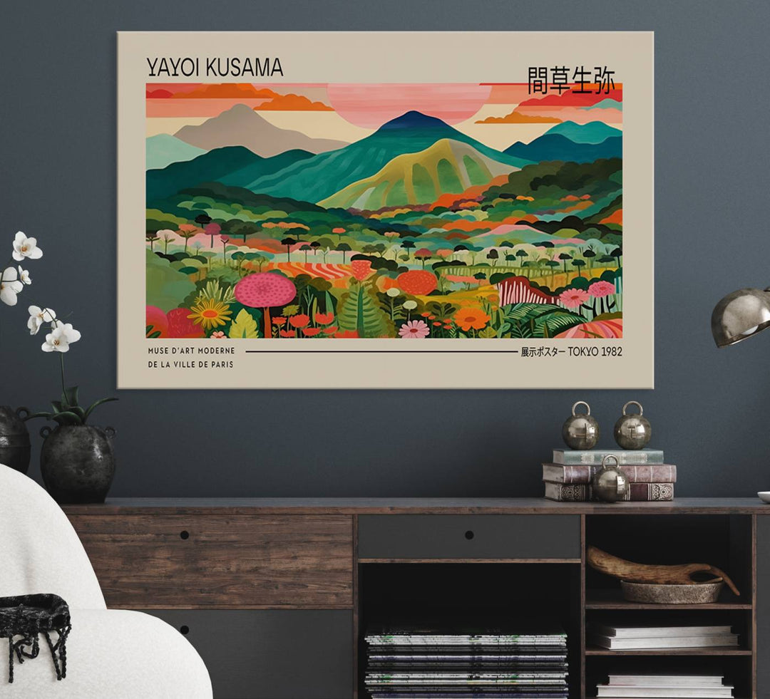 A vibrant floral mountain canvas print by Yayoi Kusama adorns the wall.