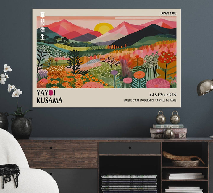 The wall art includes a vintage world map and Yayoi Kusamas colorful landscape.