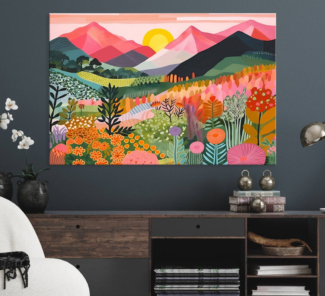 Vibrant abstract landscape canvas: Yayoi Kusama 1986 wall art print featuring mountains, sun, and flowers. Ready-to-hang.