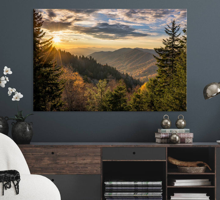 A triptych canvas titled Sunrise Over the Smoky Mountains adorns the wall.