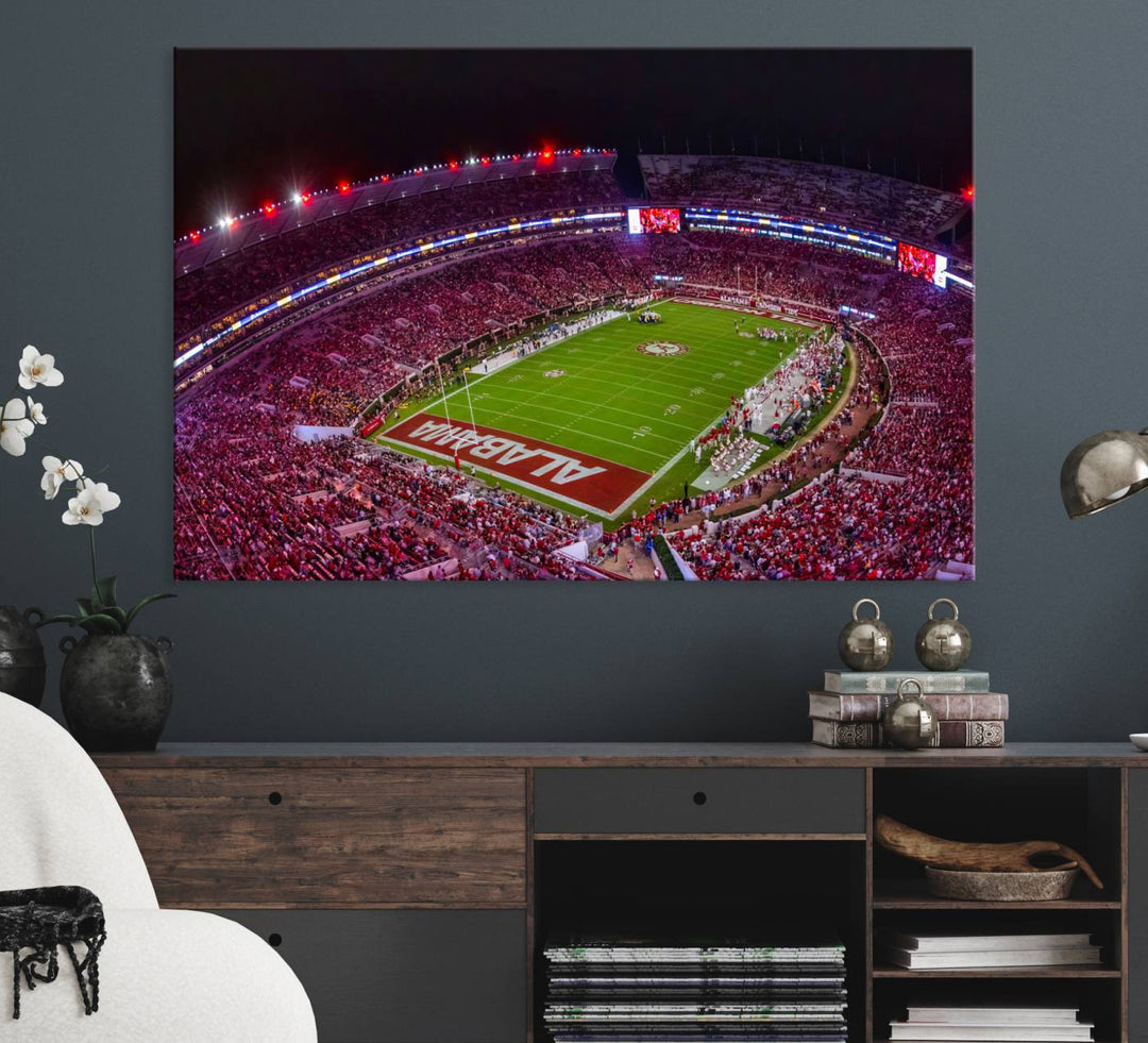 The living room features a Bryant-Denny Stadium Night Game Triple Canvas Wall Art.