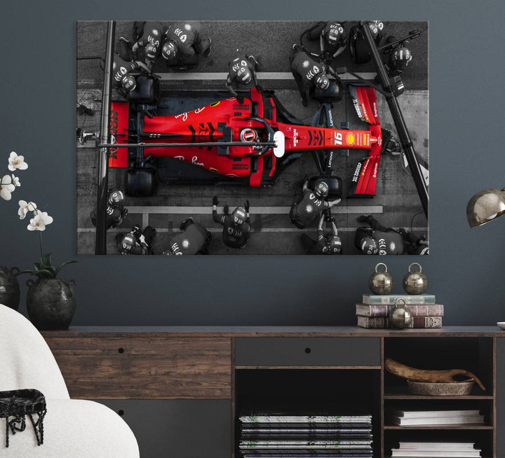 Ferrari Pit Stop Canvas Wall Art displayed prominently in the living room.