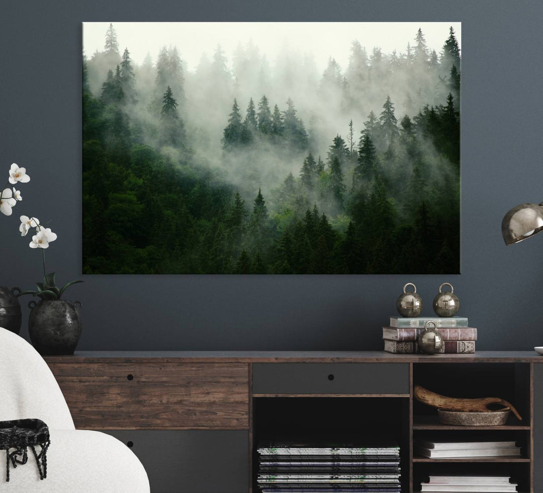 Misty Forest Mountain Wall Art | Large 3-Panel Foggy Landscape Canvas Print | Misty Forest Canvas Art | Nature Wall Art for Home | Mountain Fog Print