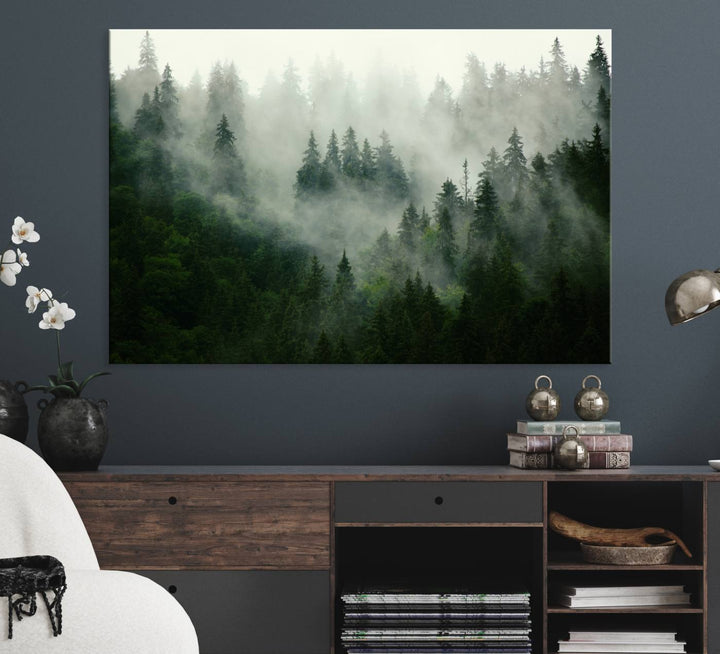 The Misty Forest Wall Art Canvas Print captures a serene, foggy evergreen landscape, evoking a mysterious woodland ambiance.