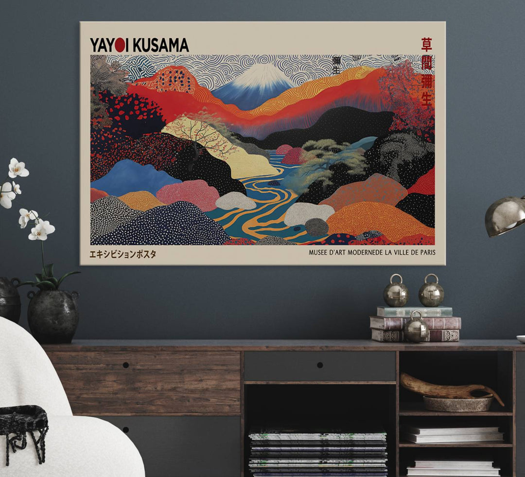 The room showcases Kusamas 1986 vibrant abstract landscape wall art print.