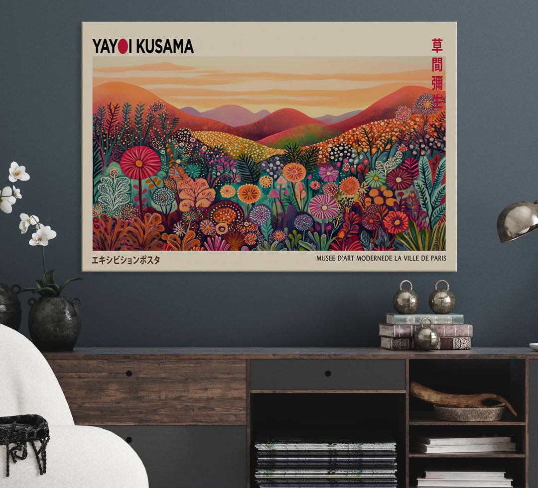 A framed Yayoi Kusama abstract landscape art print adorns the wall.