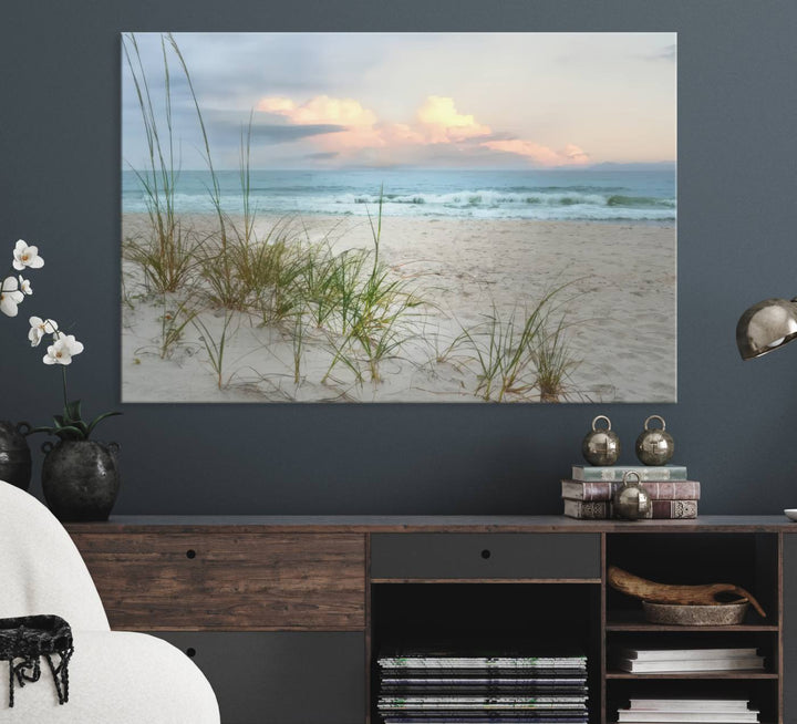 Flight Over Coastal Beach print on UV canvas displayed against white walls.