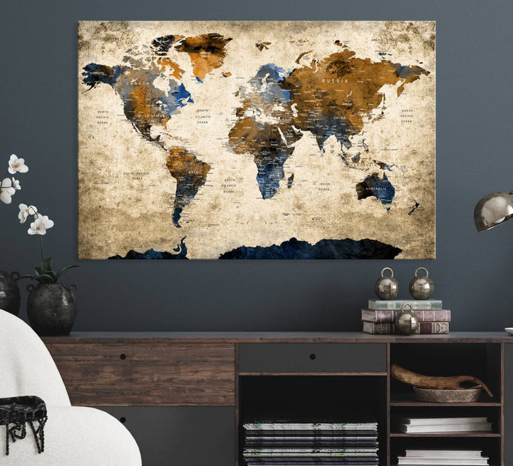 Vintage World Map Canvas Print - Framed, Ready to Hang, Rustic Global Map Art for Home and Office Decor