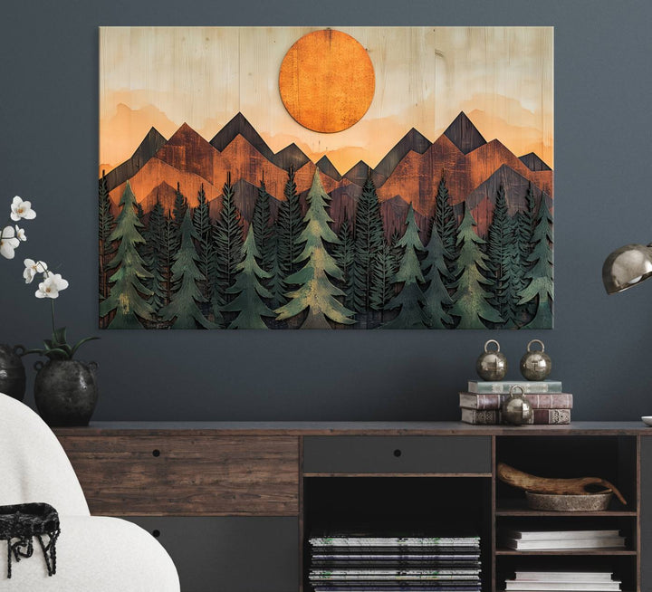 Sunset Mountain Landscape canvas wall art print featuring forest and wooden textures in green, brown, and orange.