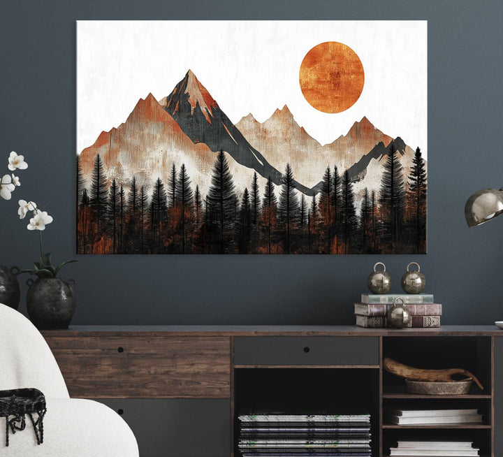 A Modern Abstract Mountain Canvas Wall Art Print features a rustic sun and mountains design.