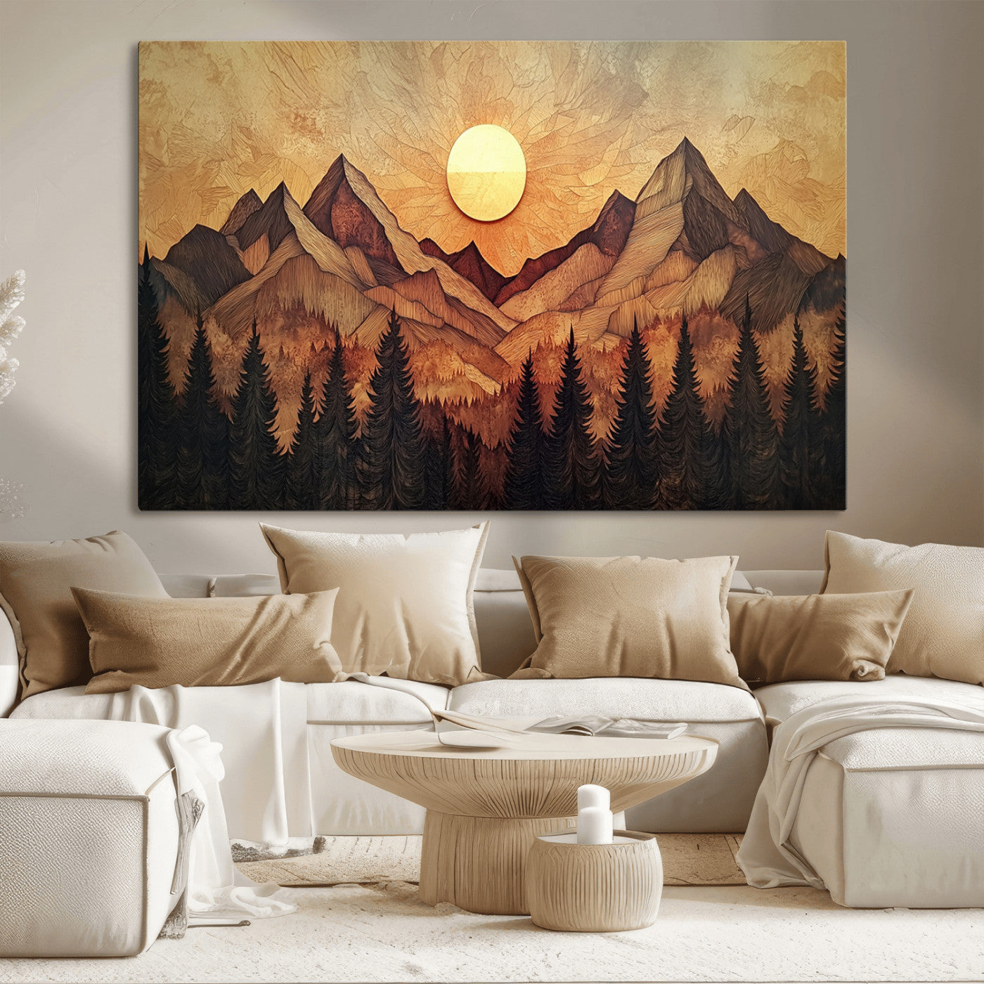 MGV-CV-36X24 - Wood Style Abstract Mountain Sunset Canvas Wall Art Print - Warm Earth Nature-Inspired Decor for