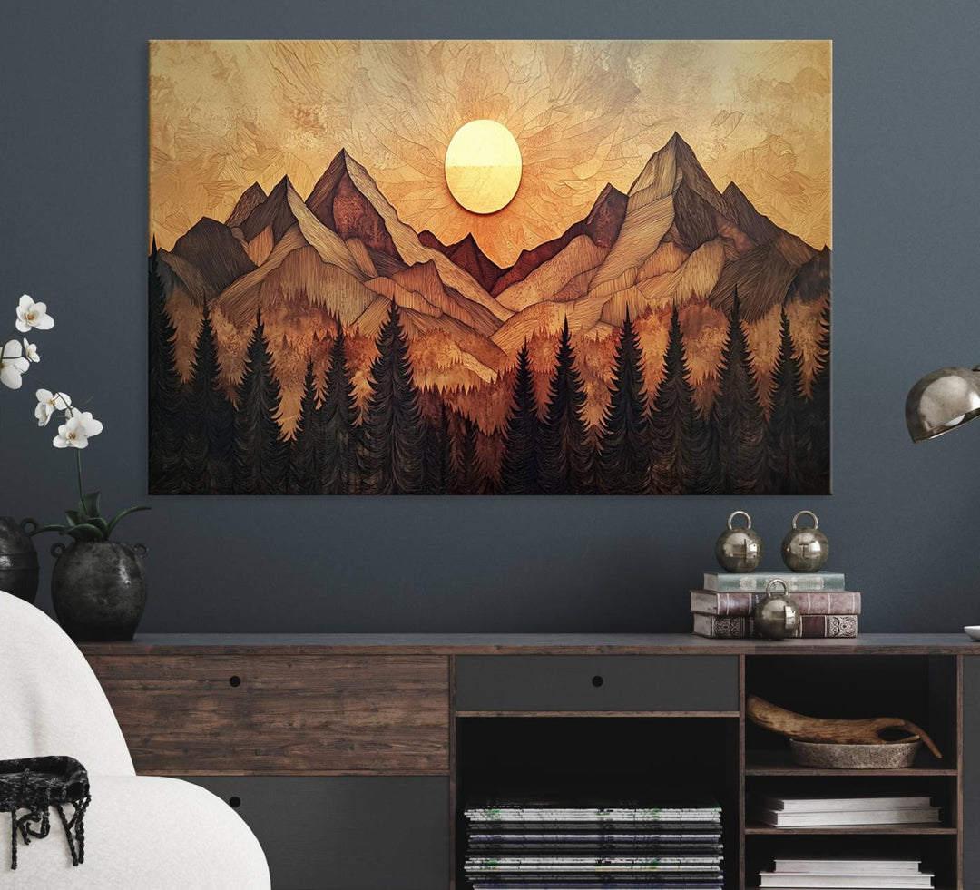 The dining area features a Wood Style Abstract Mountain Sunset canvas wall art print.