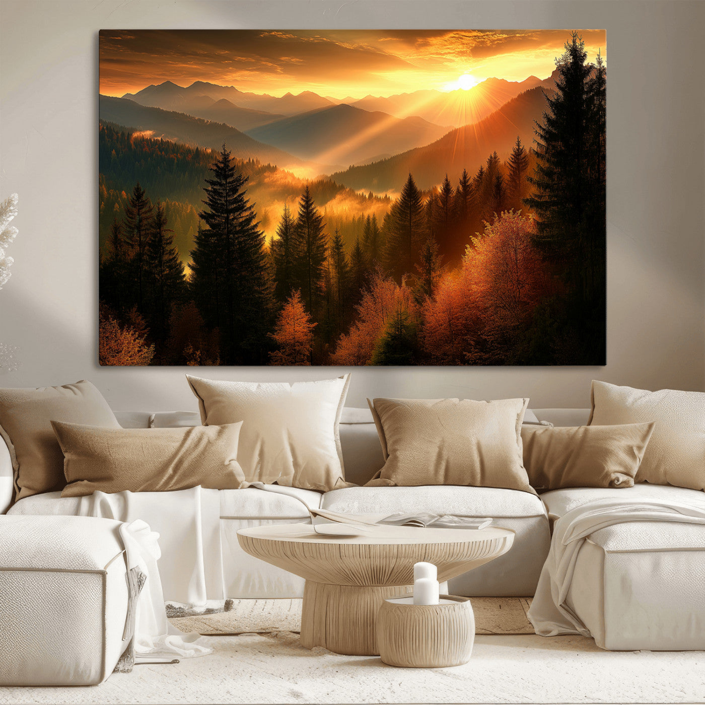 MGV-CV-36X24 - Golden Sunset Over Mountain Forest Canvas Wall Art Print - Warm Nature Landscape Print