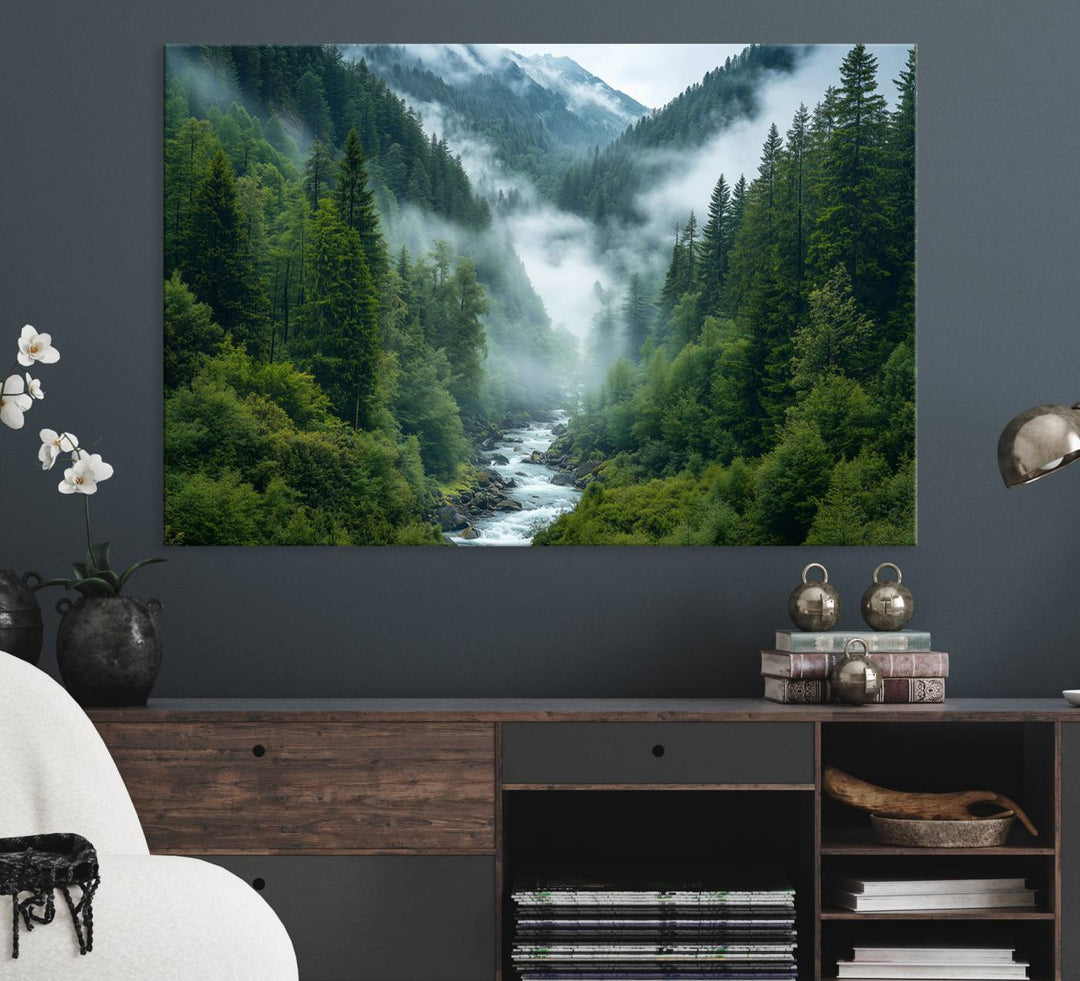 The Mountain Forest River Wall Art adds serenity to a modern living room.