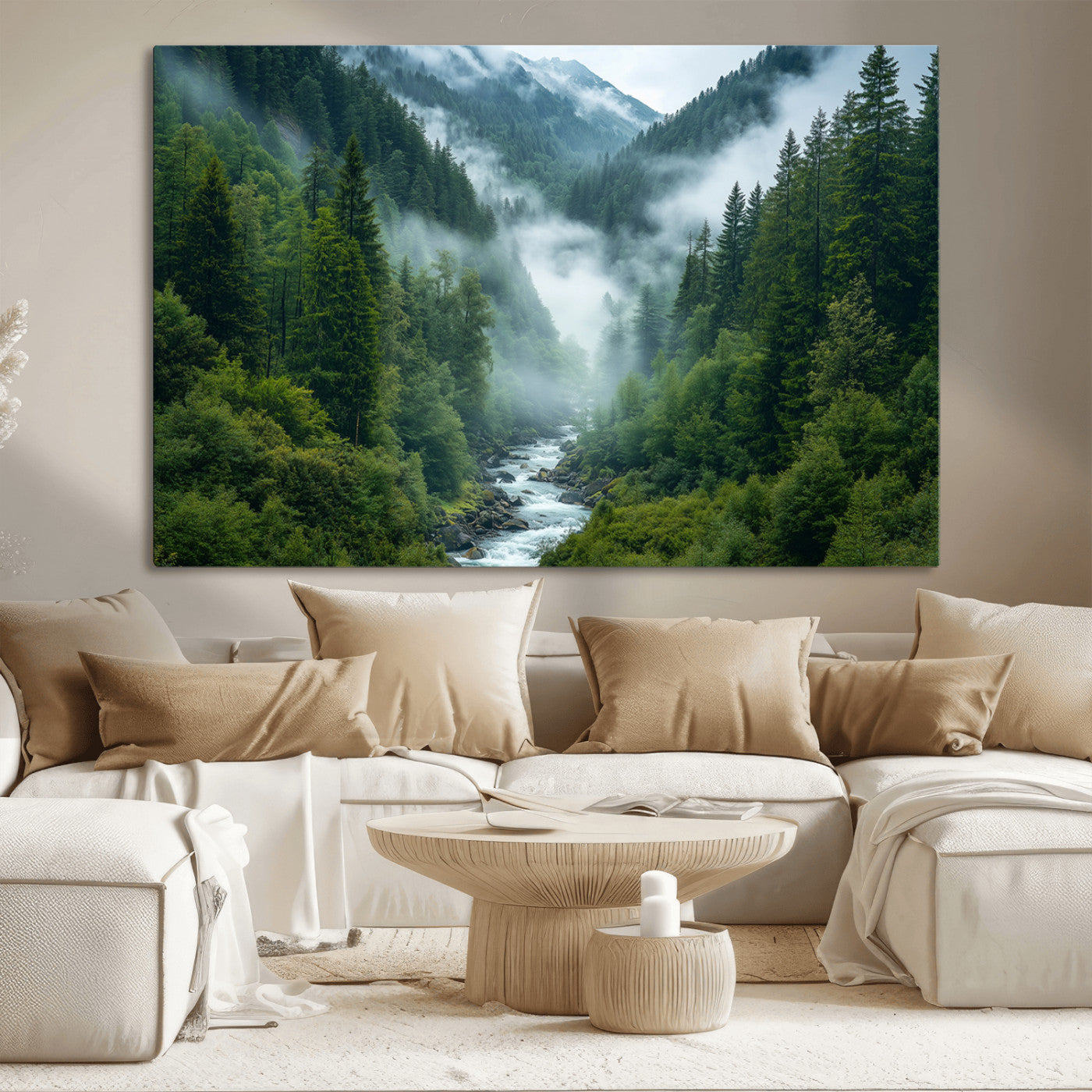 MGV-CV-36X24 - Mountain Forest River Canvas Wall Art Print - Serene Nature Landscape for Living Room, Office, or