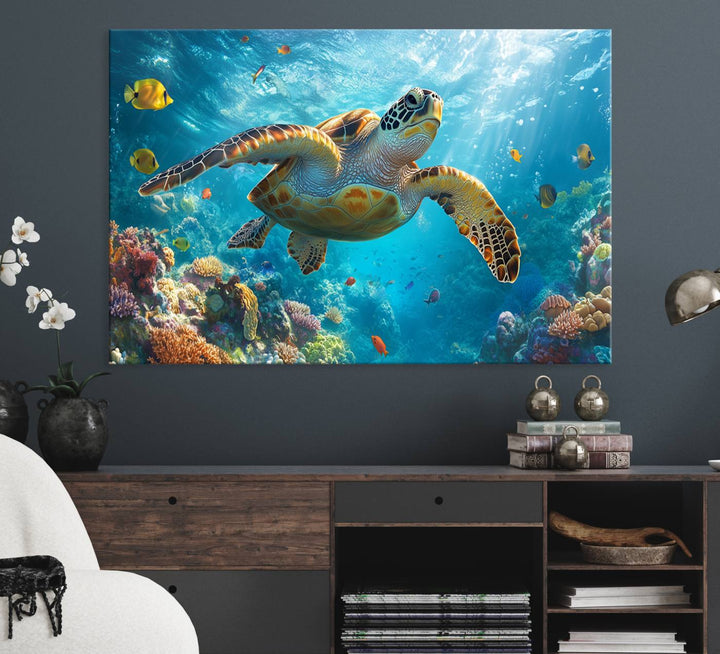 The Sea Turtle Underwater Canvas adorns the wall.