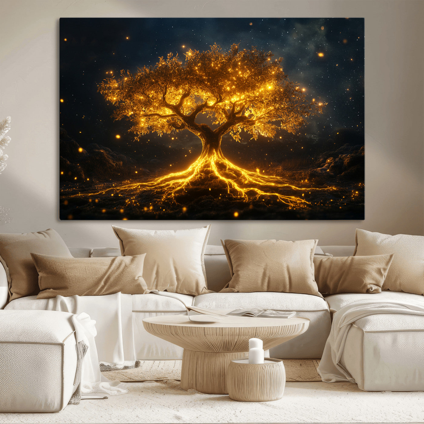 MGV-CV-36X24 - Golden Tree of Life Canvas Wall Art Print - Majestic Glowing Tree Design for Living Room, Office, or