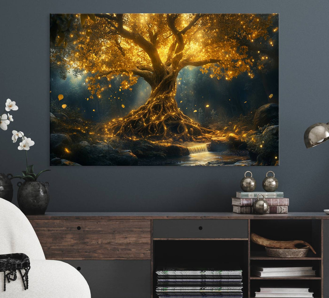 The wall art, titled Mystical Majestic Glowing Tree, hangs above.