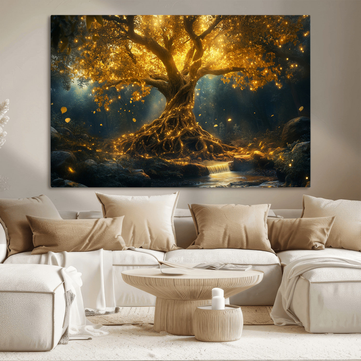 MGV-CV-36X24 - Golden Tree of Life Canvas Wall Art Print - Majestic Glowing Tree Wall Art Print