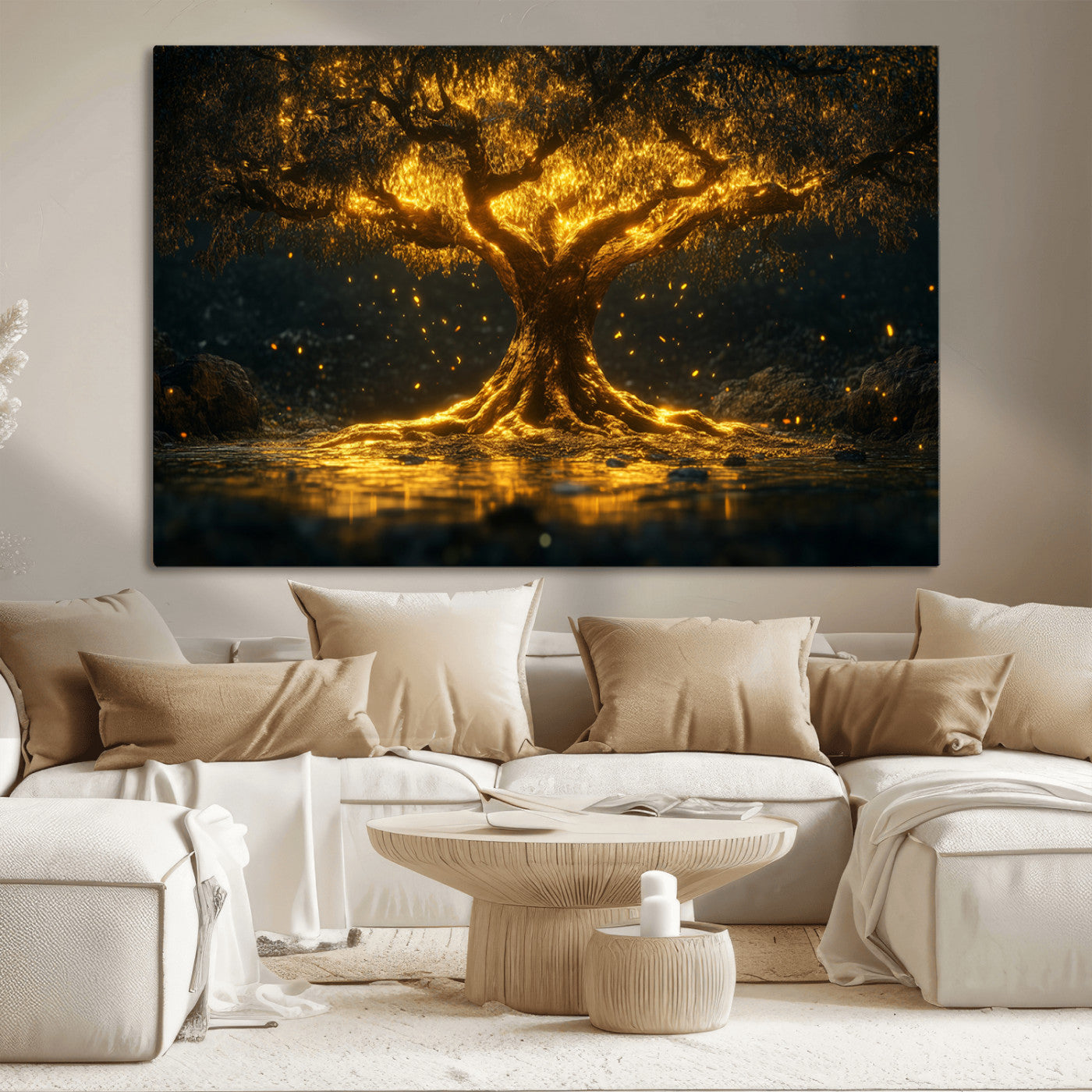 MGV-CV-36X24 - Golden Tree of Life Canvas Wall Art Print - Majestic Glowing Tree Wall Art Print