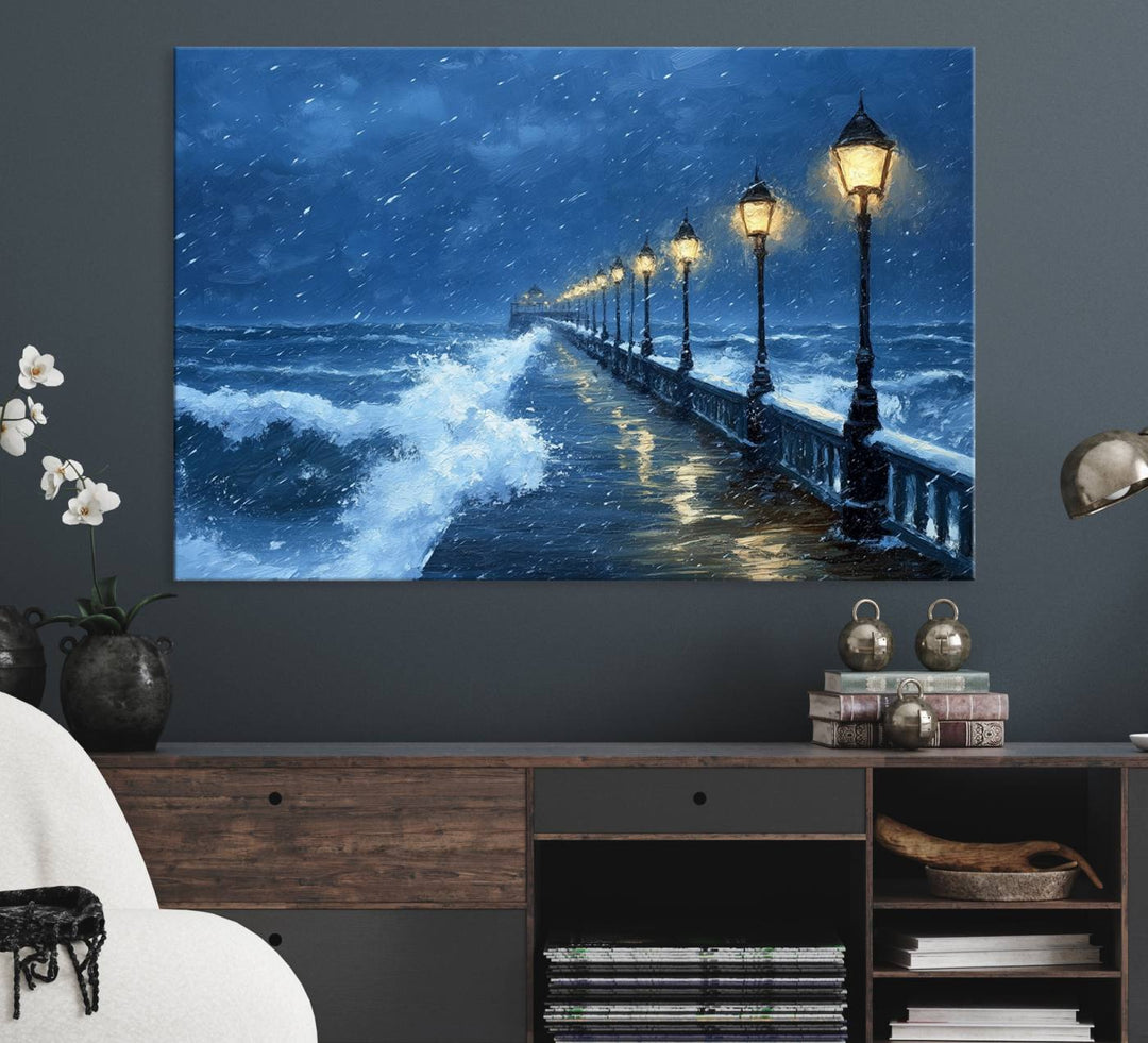 The living room features the Stormy Ocean Pier Lights canvas wall art for illumination.