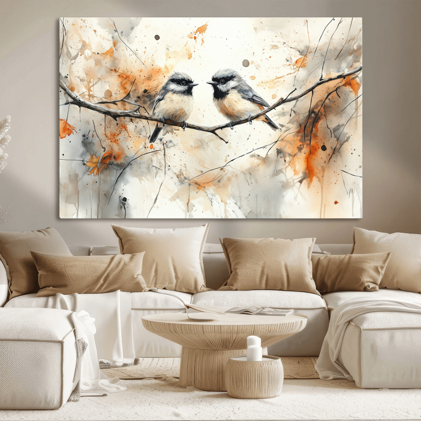 MGV-CV-36X24 - Abstract Watercolor Chickadee Bird Canvas Wall Art Print - Large Bird and Branch Wall Art, Modern