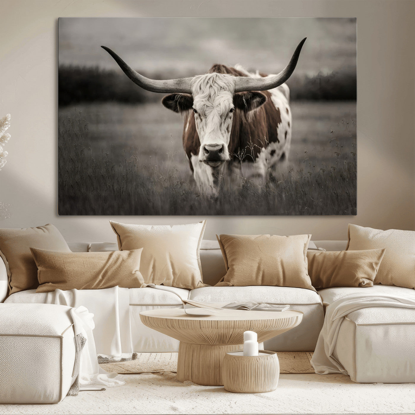 MGV-CV-36X24 - Texas Longhorn Cow Canvas Wall Art Print - Large Rustic Longhorn Art for Living Room, Western Wall