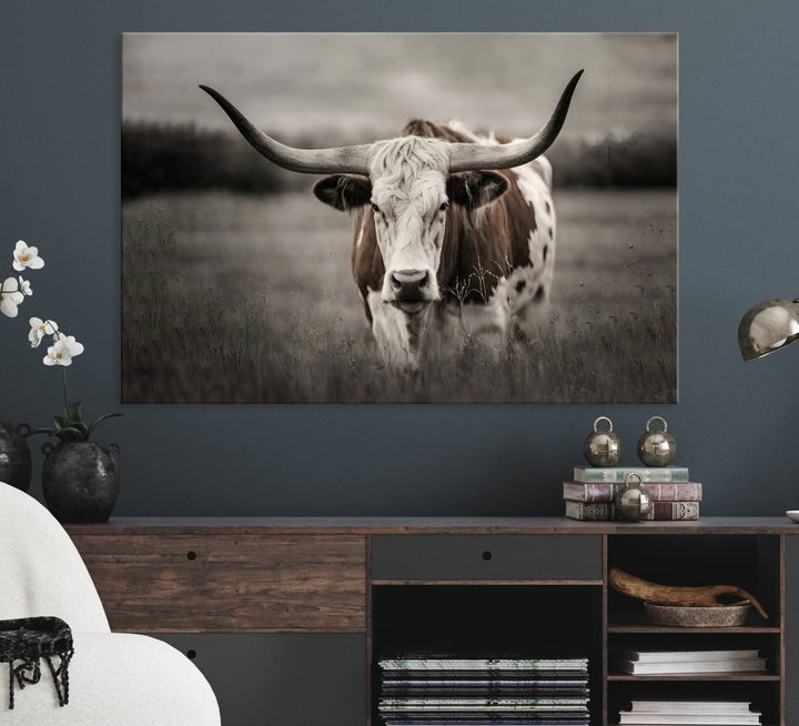 Large Texas Longhorn Cow Canvas for Western decor.