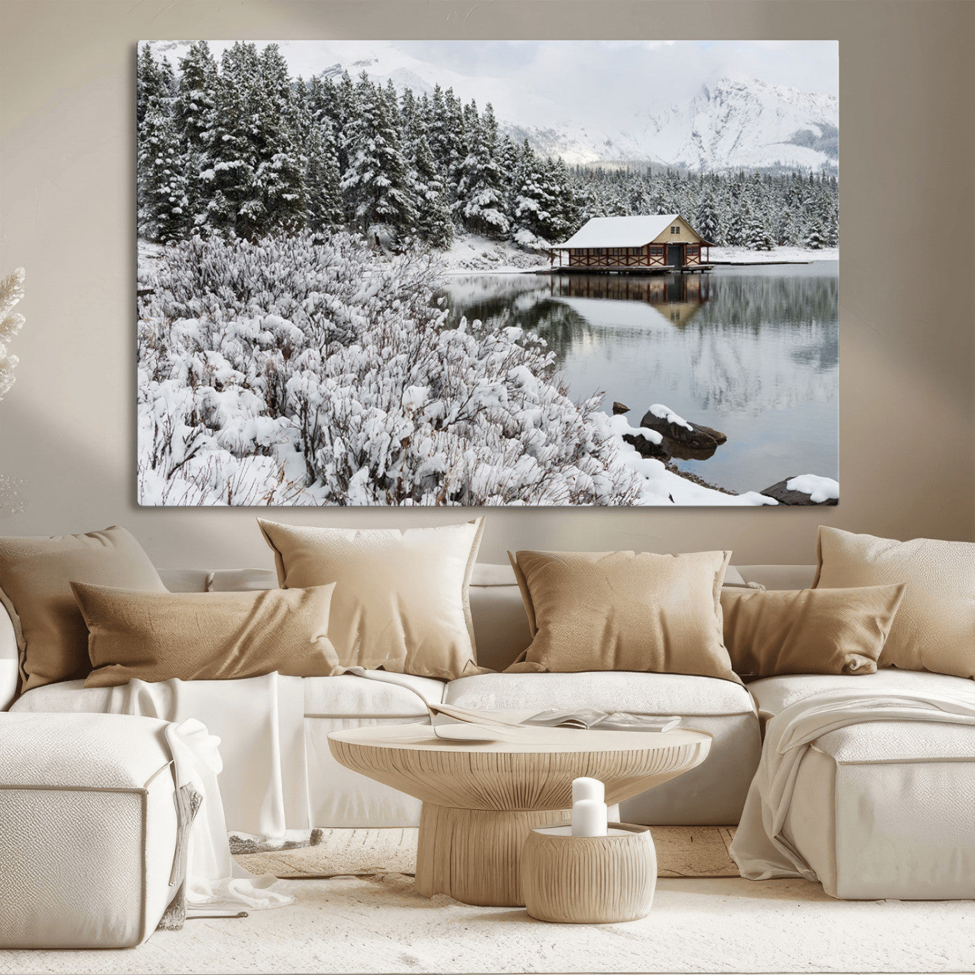 MGV-CV-36X24 - Winter Wall Art - Cabin by the Lake Canvas Wall Art - Serene Snowy Landscape with Mountain View,