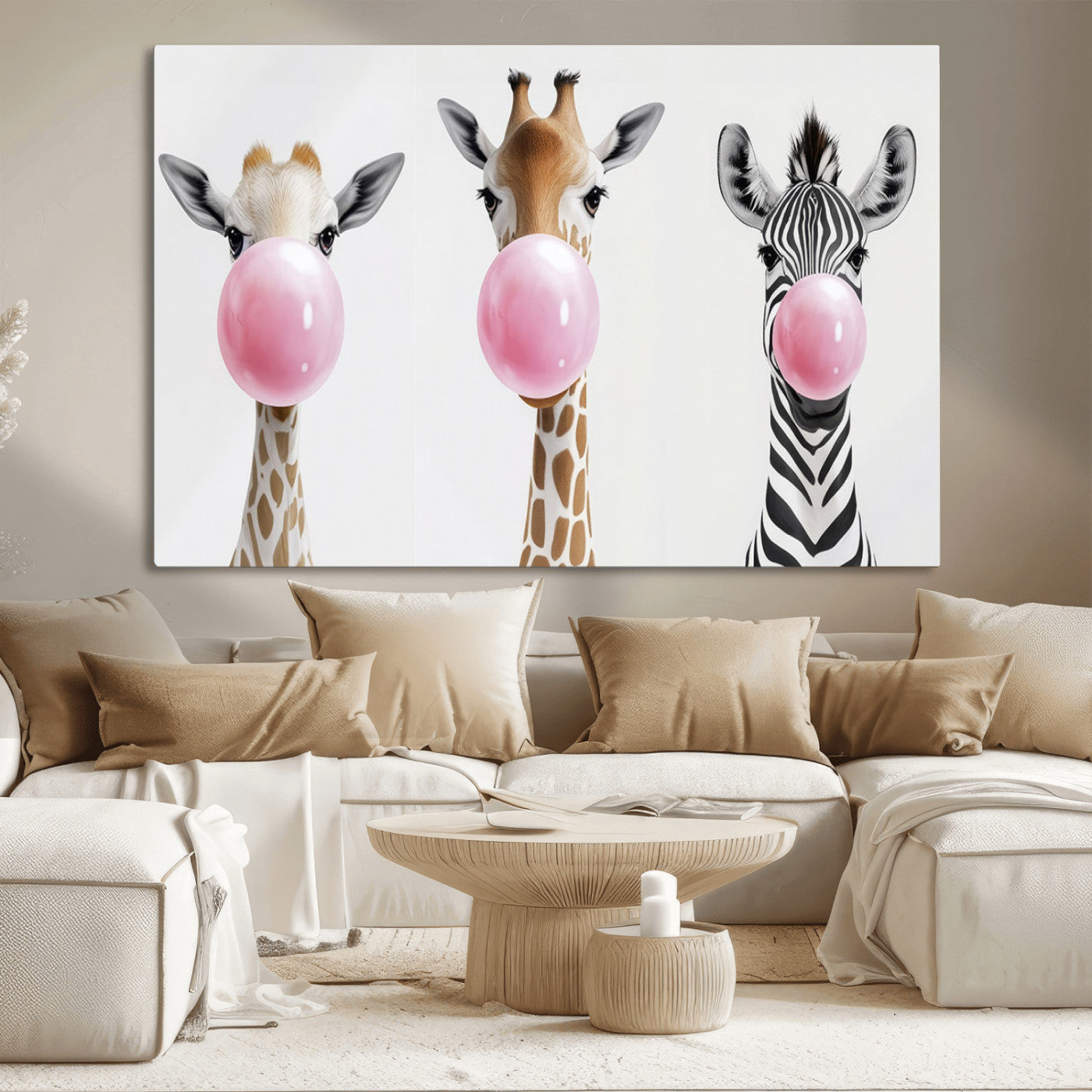 MGV-CV-36X24 - Bubblegum Animals Canvas Wall Art - Playful Giraffe and Zebra Trio, Fun Nursery Decor for Kids'