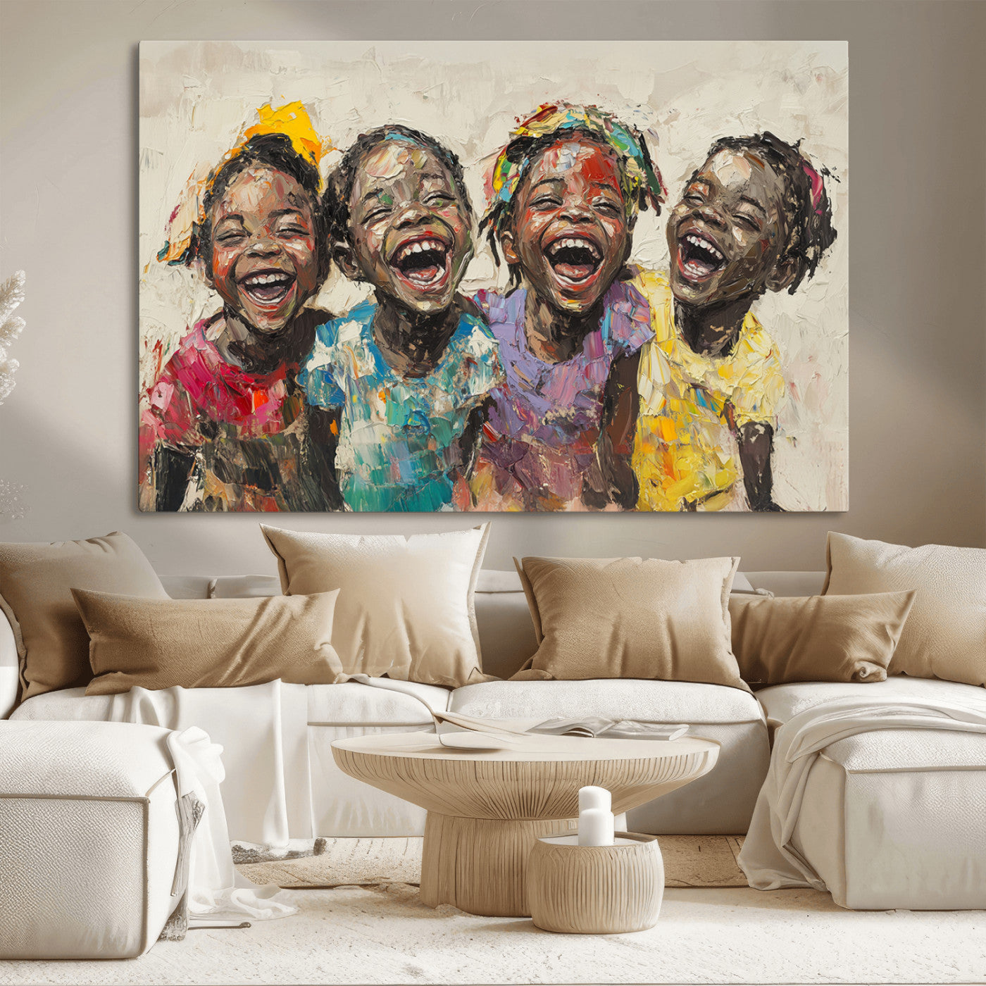 MGV-CV-36X24 - Shai Yossef style Joyful Childhood Canvas Wall Art - Expressive Impasto Painting of Black Children