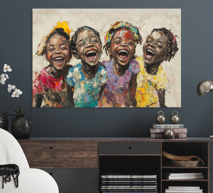 The Joyful Childhood Canvas Art by Shai Yossef, depicting kids laughing, is featured in the living room.