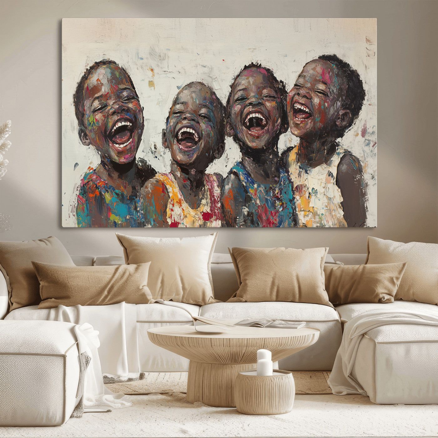 85256-MGV-CV-36X24-Shai Yossef Print - Joyful Childhood Canvas Wall Art - Expressive Impasto Painting of Laughing