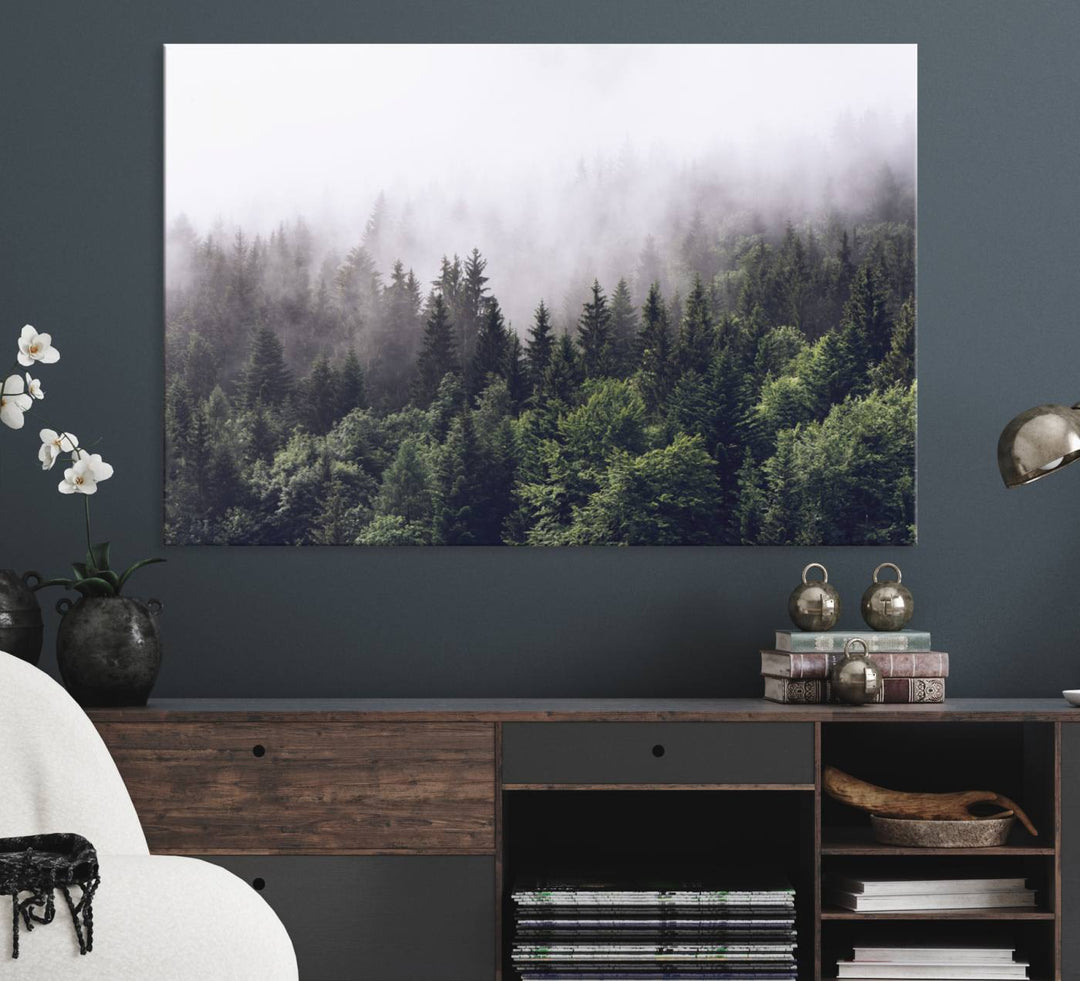 A serene triptych nature print featuring a misty forest, perfect as wall art.