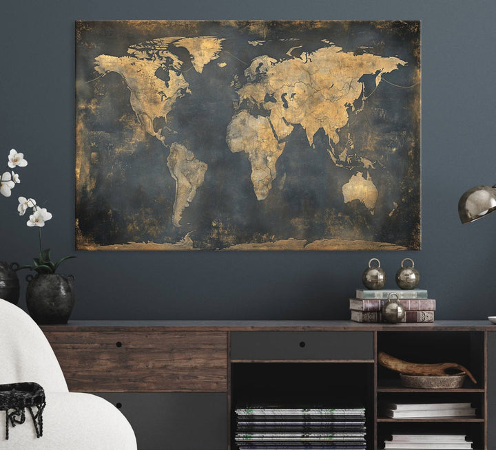 Grunge World Map Canvas Wall Art - Vintage Aged World Map with Golden Tones, Framed Artwork for Living Room, Office, or Study Decor