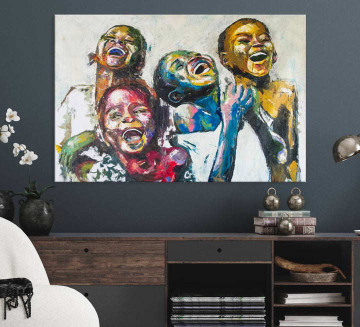 A vibrant Shai Yossef canvas art of joyful kids hangs prominently.